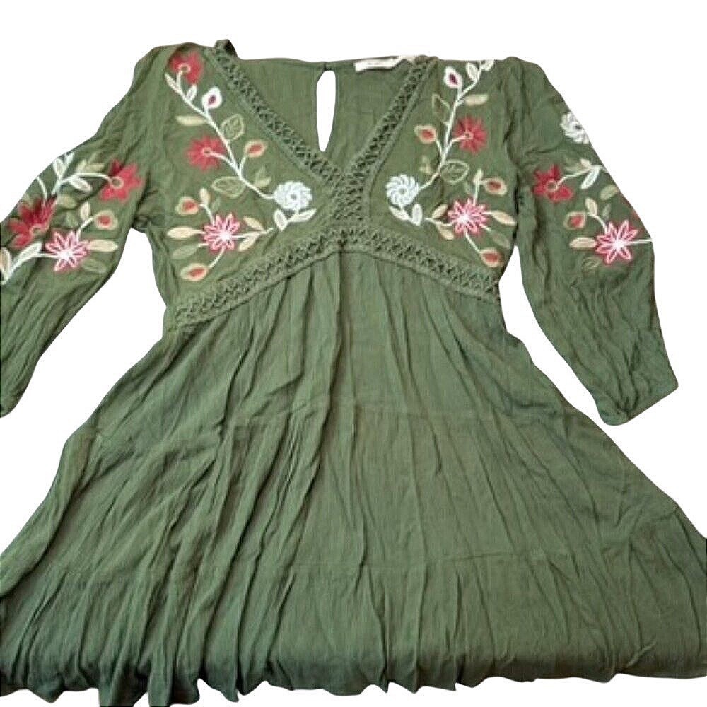 Mi Ami Dress Womens Med Green Floral‎ Embroidered Boho Crochet Peasant Ren Faire